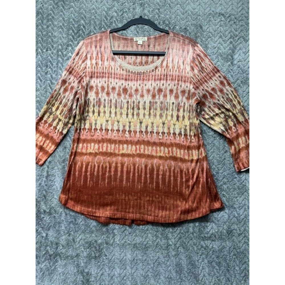 Energe World Wear Womens XL Ikat Print Knit Top 3/4 Sleeve Scoop 0745